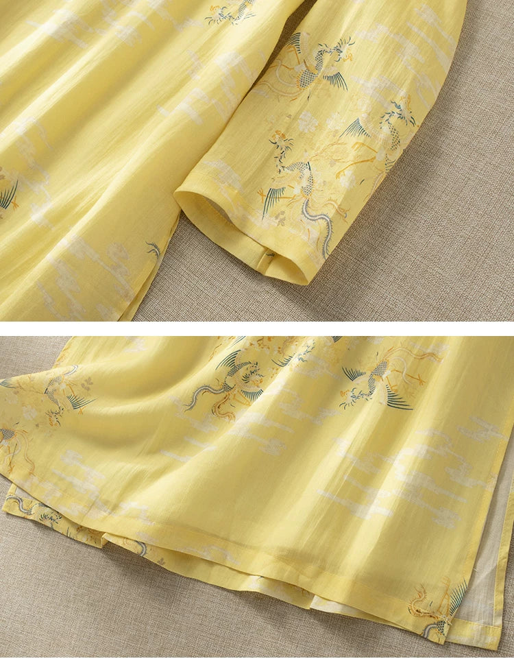 Dragon Crane Print Cotton Linen Three Quarter Sleeve Maxi Dress