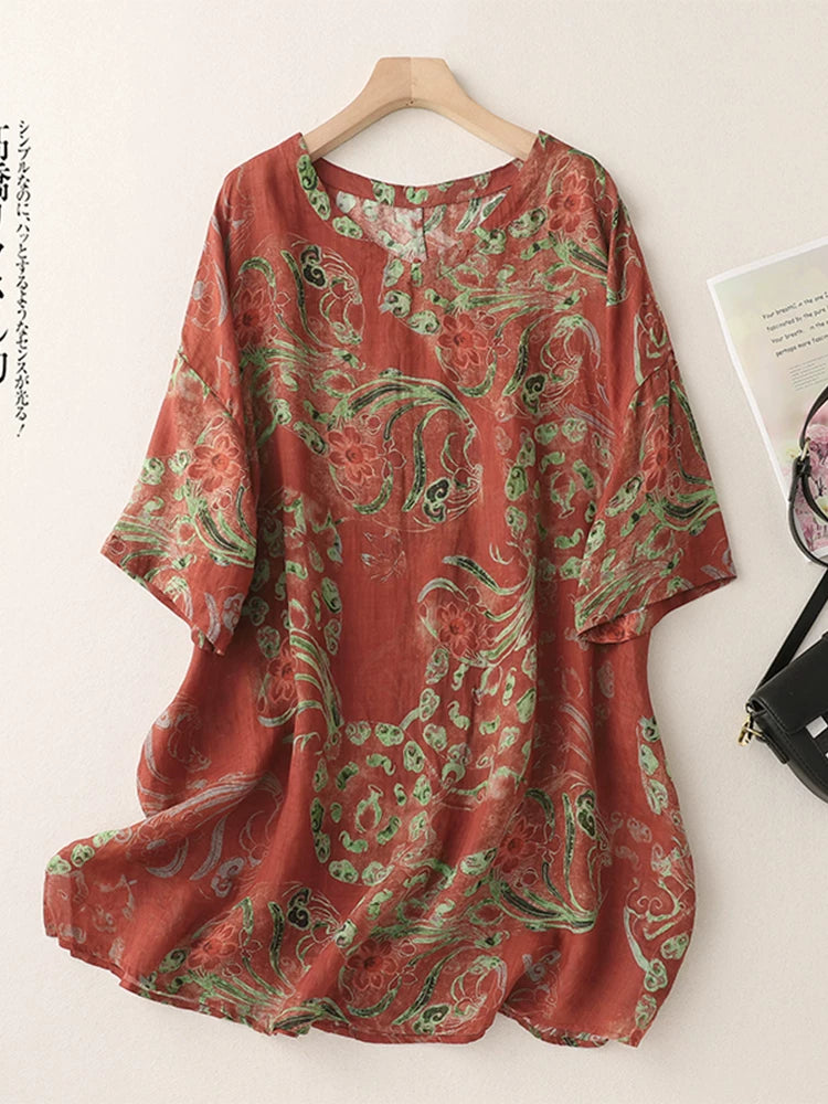 Floral Print Cotton Linen Half Sleeve Tunic