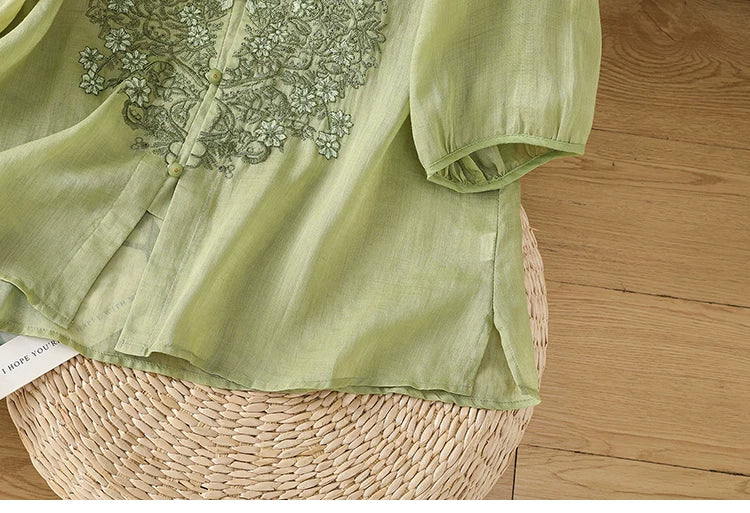 Cotton-Linen Blouse with Floral Lace Embroidery