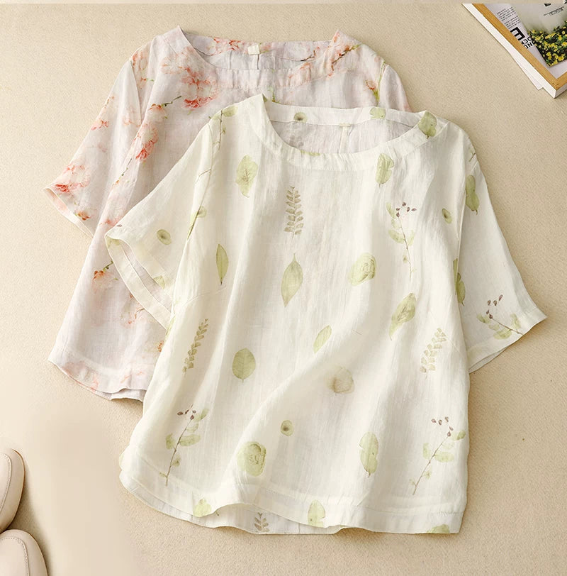 Botanical Print Cotton Linen Half Sleeve Shirt