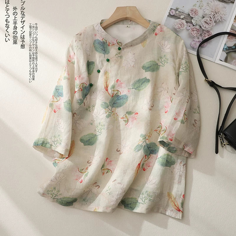 Floral Print Cotton Linen Three Quarter Sleeve Shirt