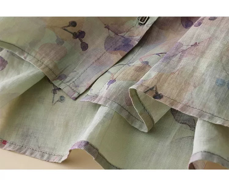Floral Print Cotton Linen Three Quarter Sleeve Shirt