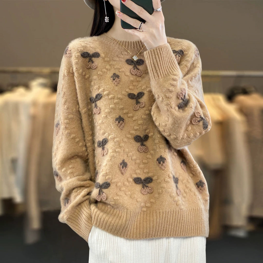 Cherry Motif Knit Sweater - Relaxed Pullover