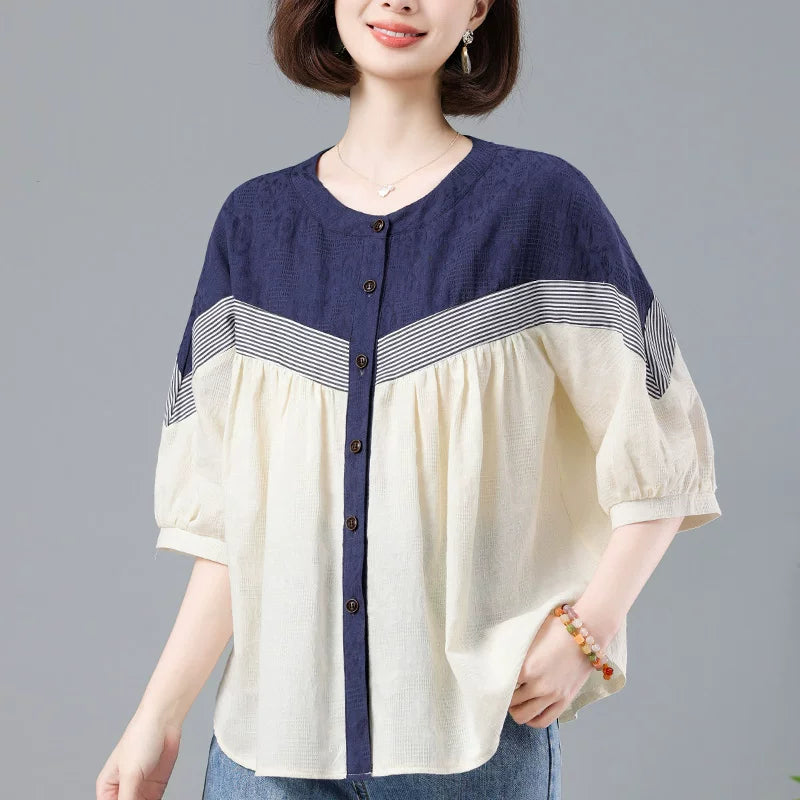 100% Cotton Color-Block Button Top with Striped Trim