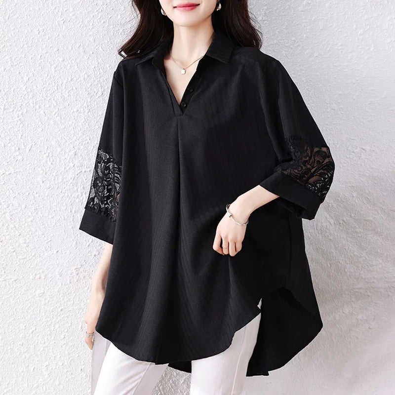Black Tunic Top with Lace Cuff Trim