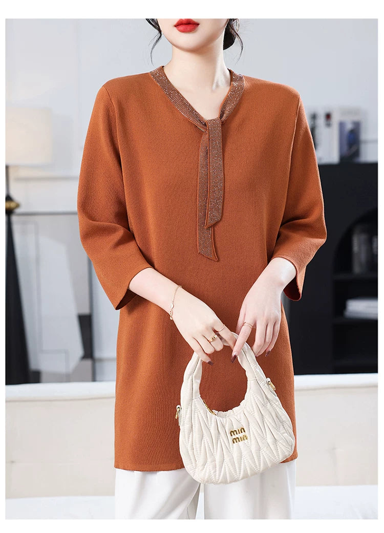 Silky-Feel V-Neck Top with Decorative Tie Detail