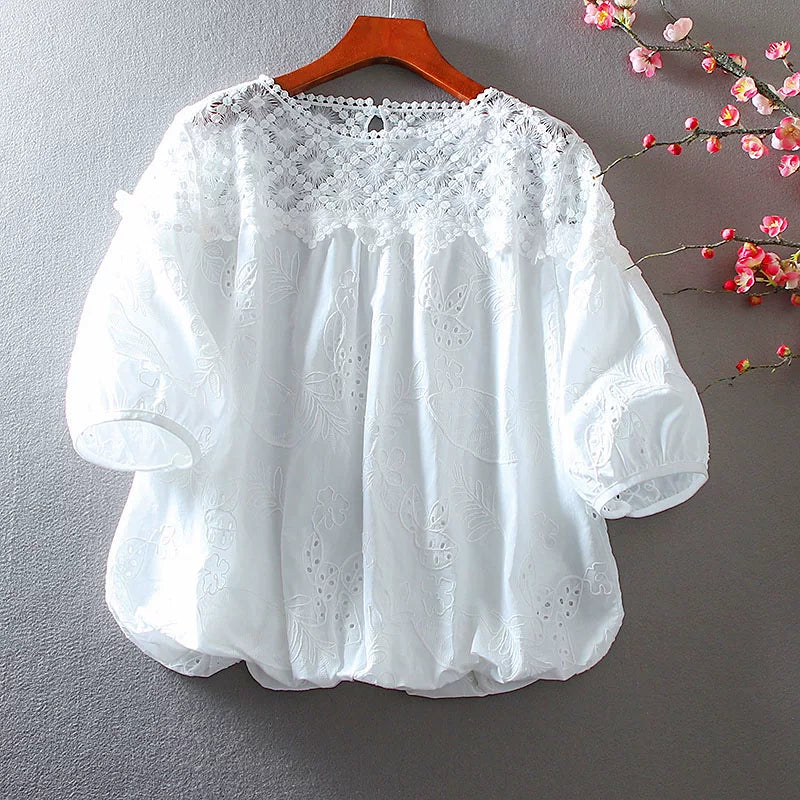 100% Cotton Top with Eyelet Embroidery & Lace Trim