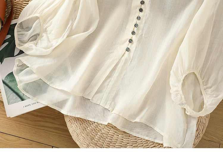 Cotton Linen V-Neck Long Sleeve Shirt with Lantern Sleeves