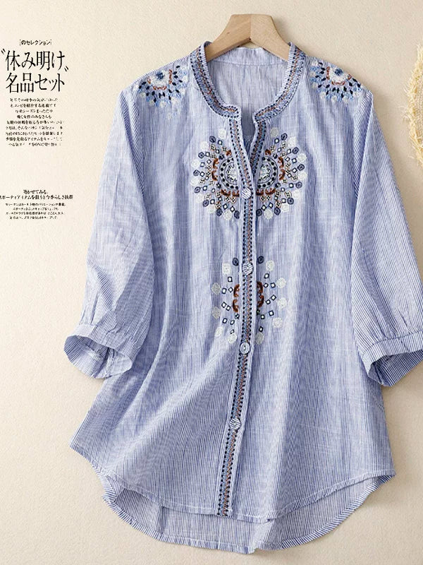 Embroidered Three Quarter Sleeve Shirt, Cotton Linen