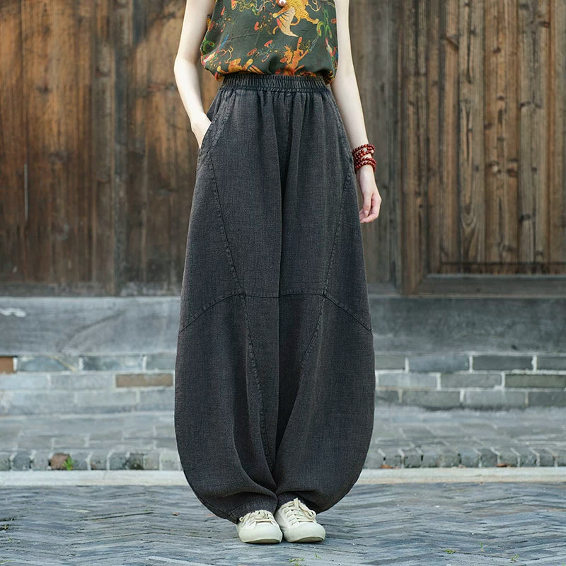Balloon-Leg Cotton-Linen Pants with Elastic Waist