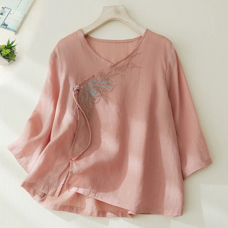 Embroidered V-Neck Top with Asymmetrical Tie Detail