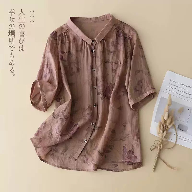 Floral Print Cotton Linen Three Quarter Sleeve Shirt