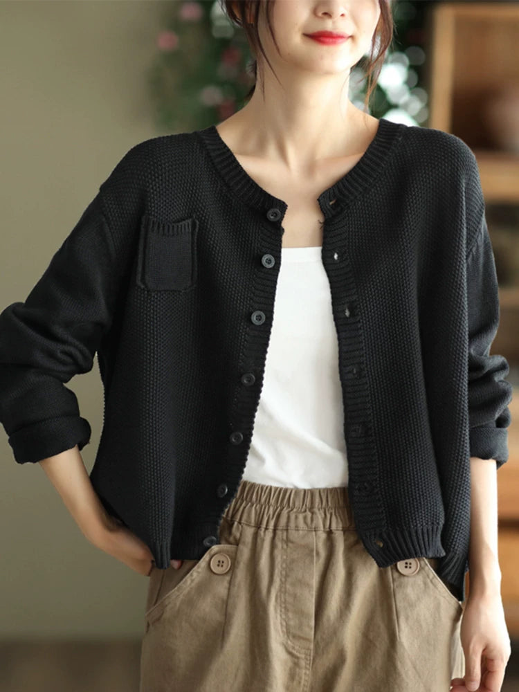 Cotton-Blend Knit Cardigan with V-Neck & Chest Pocket
