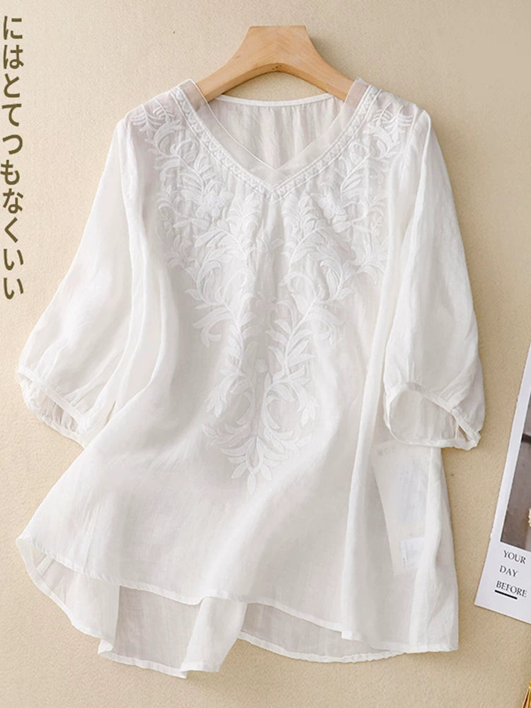 Embroidered Half Sleeve V-Neck Blouse, Cotton Linen