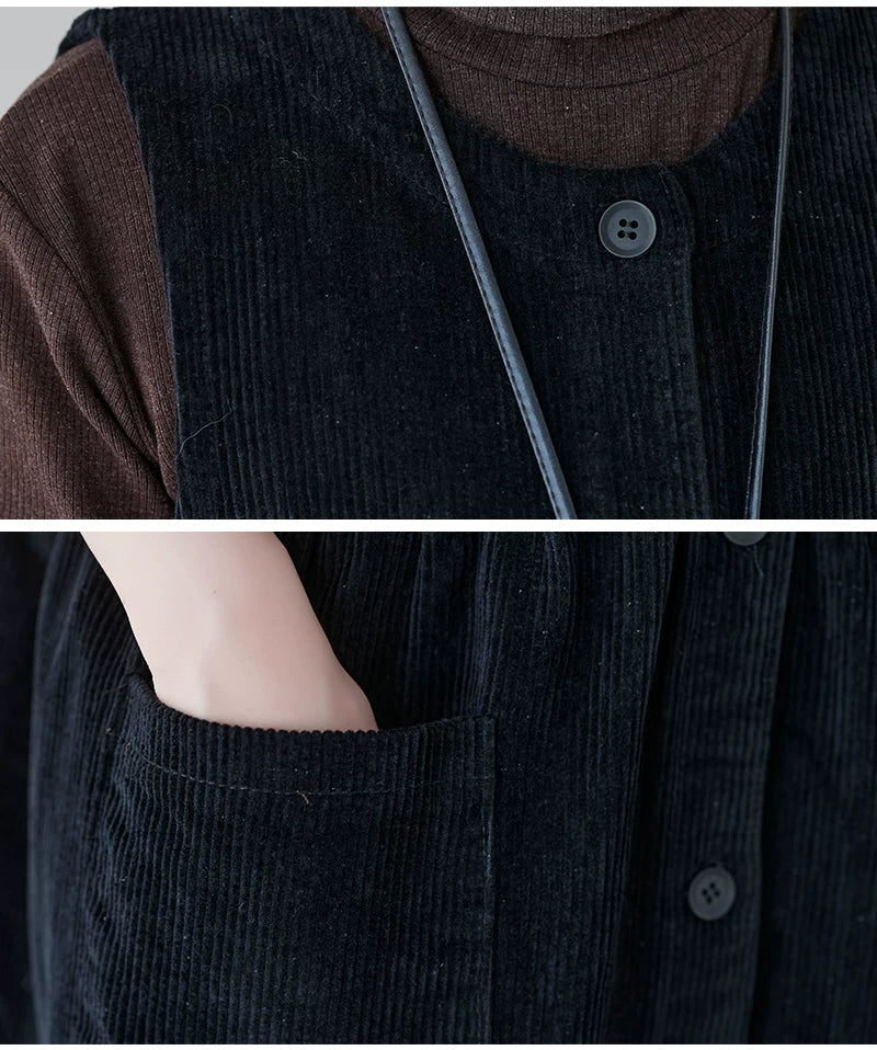 Corduroy Midi Dress with Patch Pockets & Button Front
