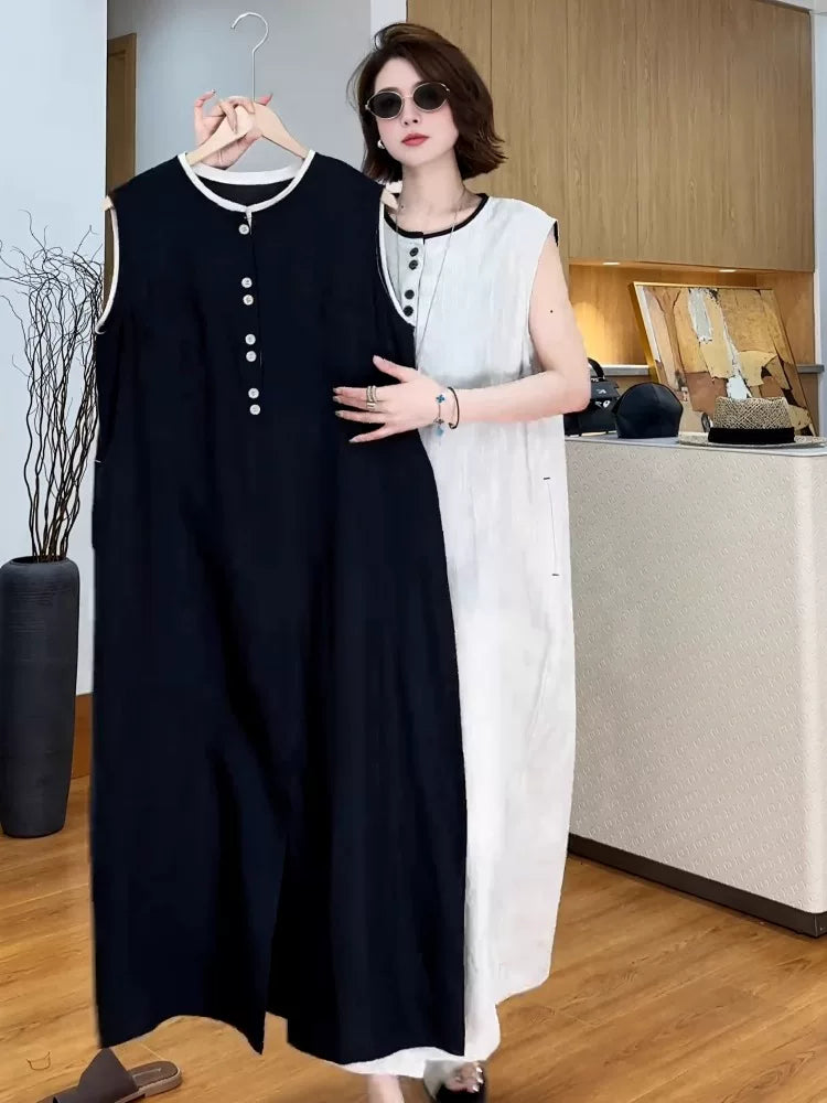 French Linen Sleeveless Midi Dress with Side Slit
