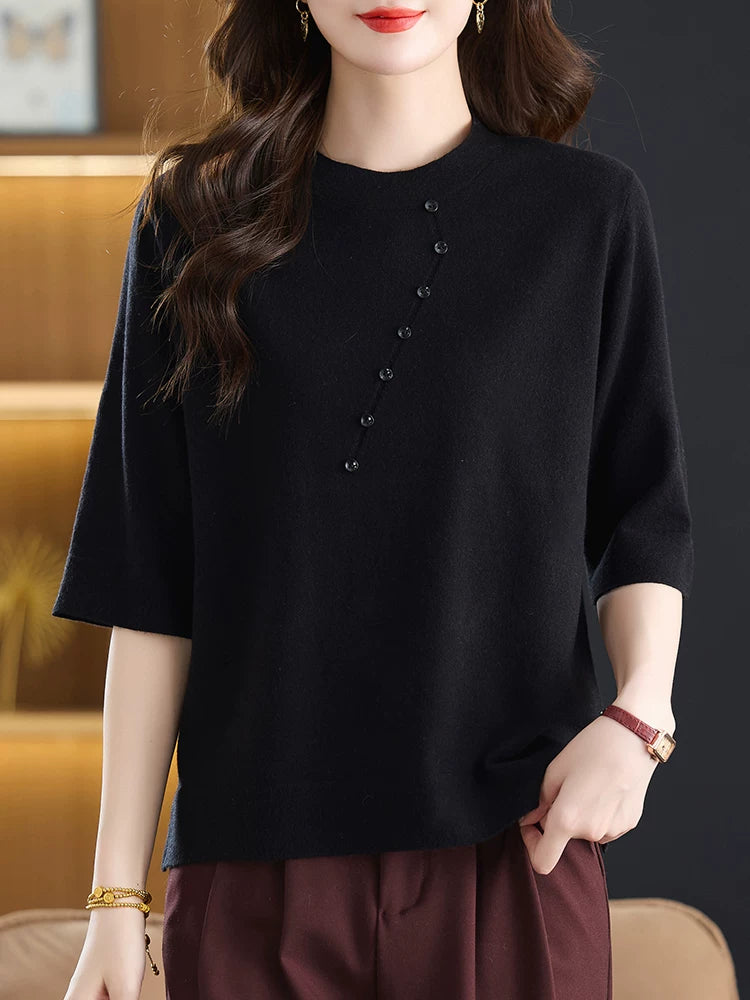 Relaxed Knit Top with Front Button Trim