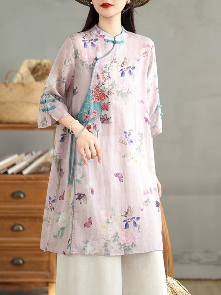 Relaxed Floral Tunic with Embroidered Panel & Tie Detail