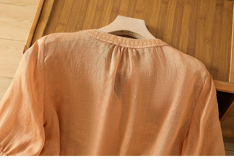 Embroidered Three Quarter Sleeve Cotton Linen Shirt