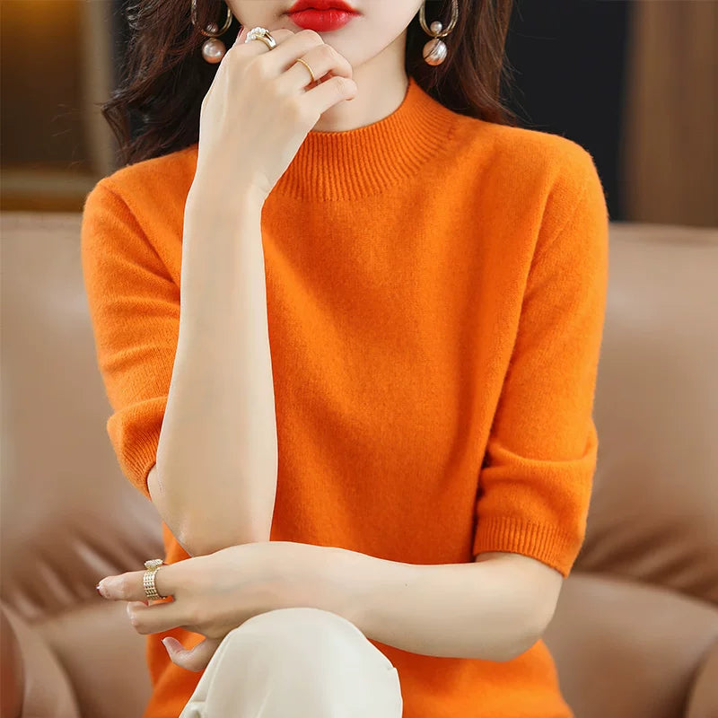 Relaxed Knit Top with Small Stand Collar & Elbow Sleeves