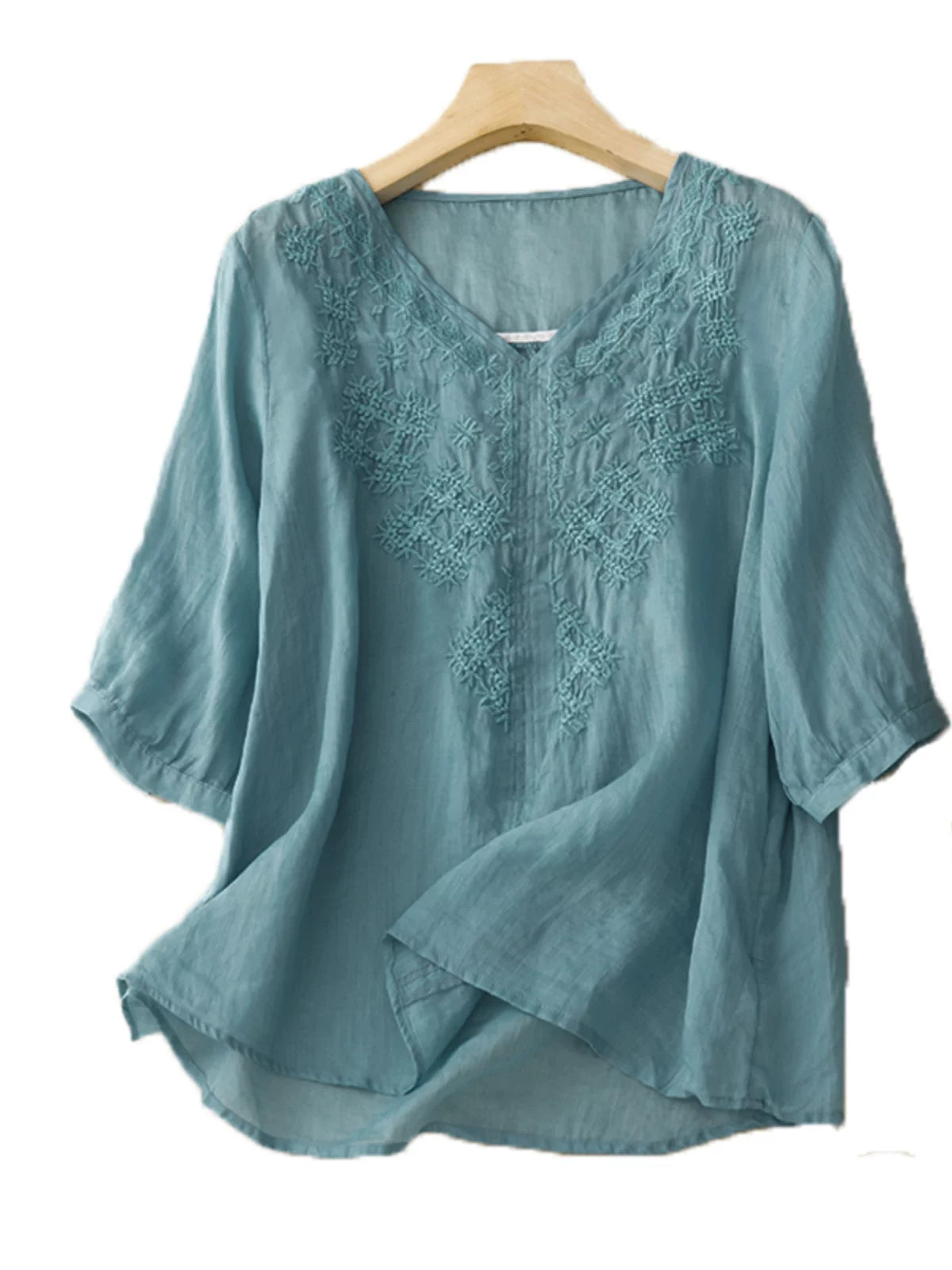 Embroidered Cotton Linen Three Quarter Sleeve Shirt