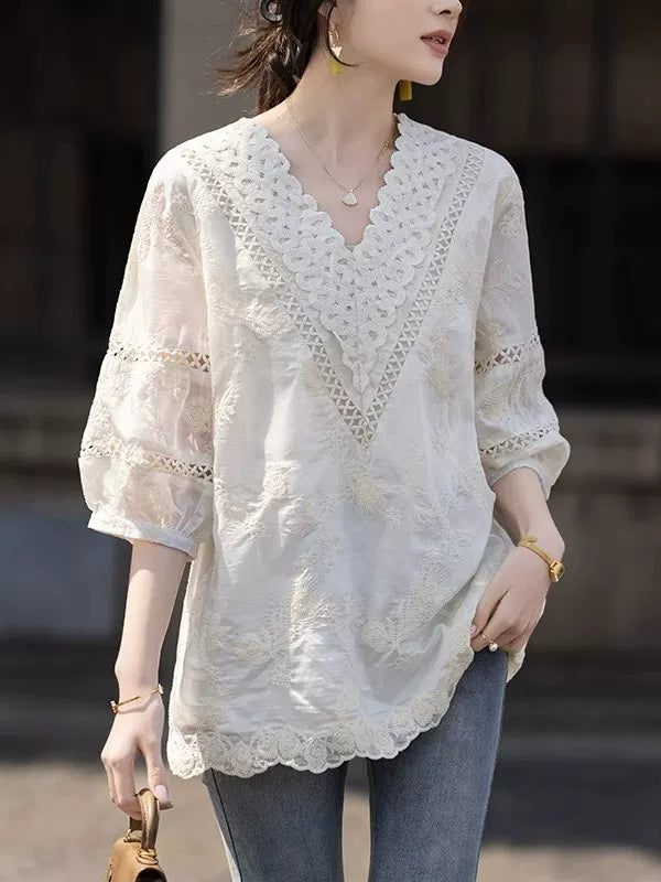 Apricot V-Neck Top with Embroidered Cutouts