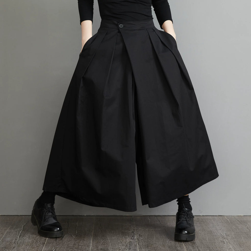 Black Wide-Leg Pants with Front Overlap & Textured Woven Fabric