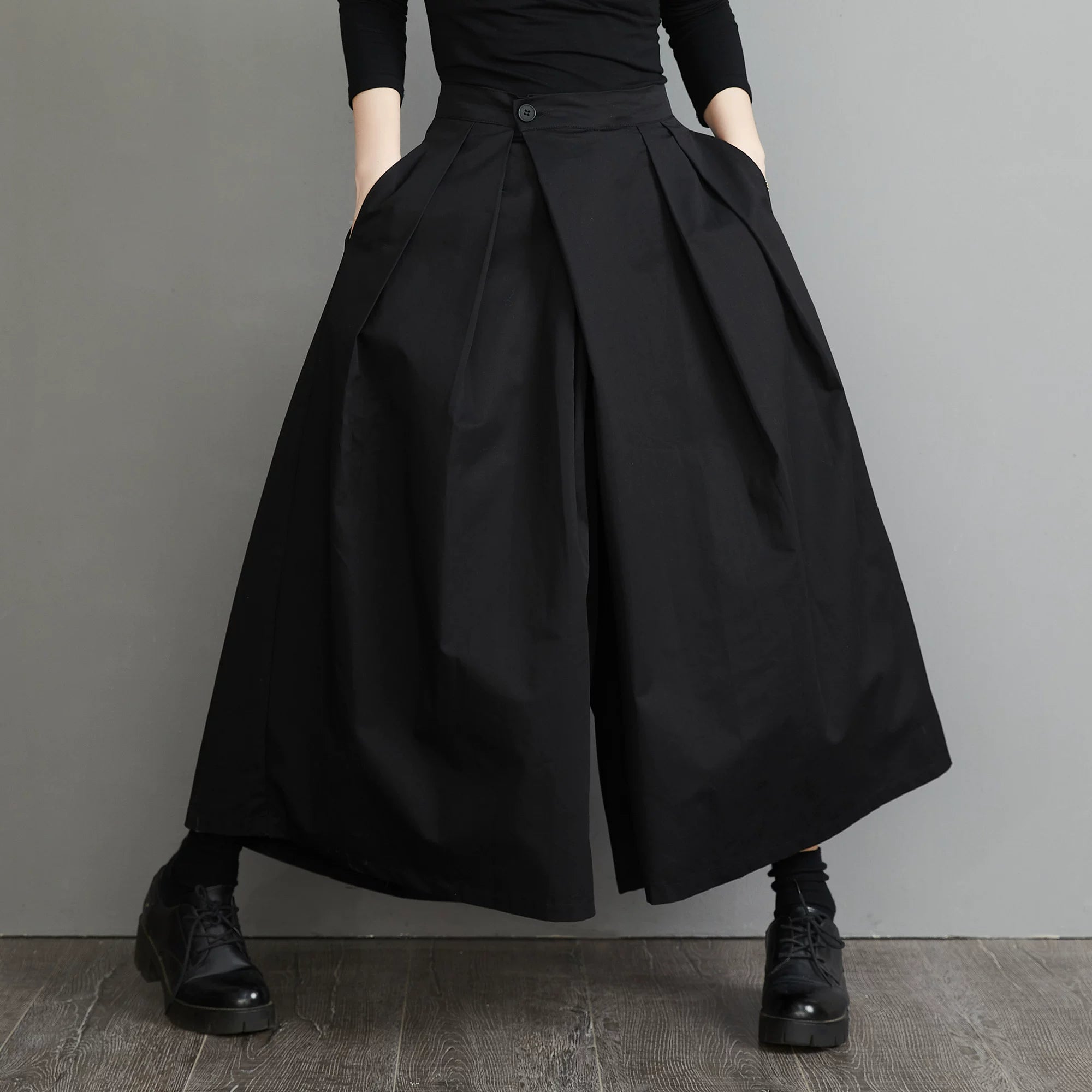 Black Wide-Leg Pants with Front Overlap & Textured Woven Fabric