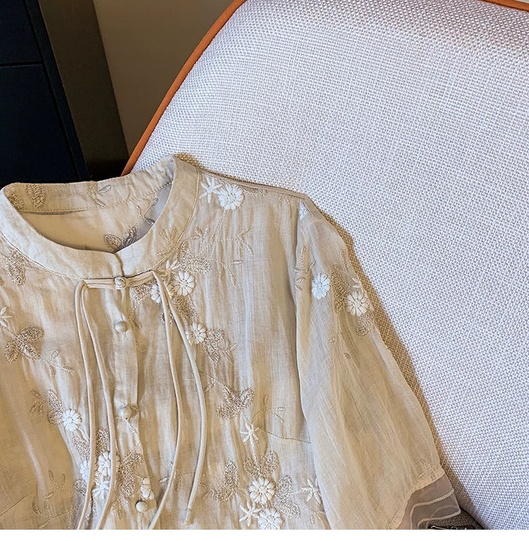 Embroidered Top with Organza Overlay & Button Front