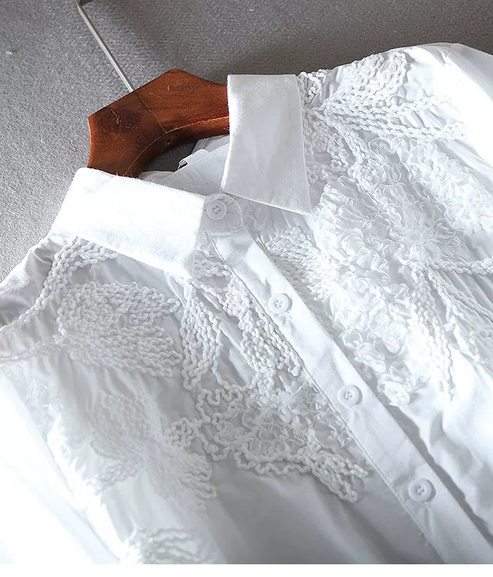 100% Cotton Blouse with Floral Embroidery & Lace Cuffs