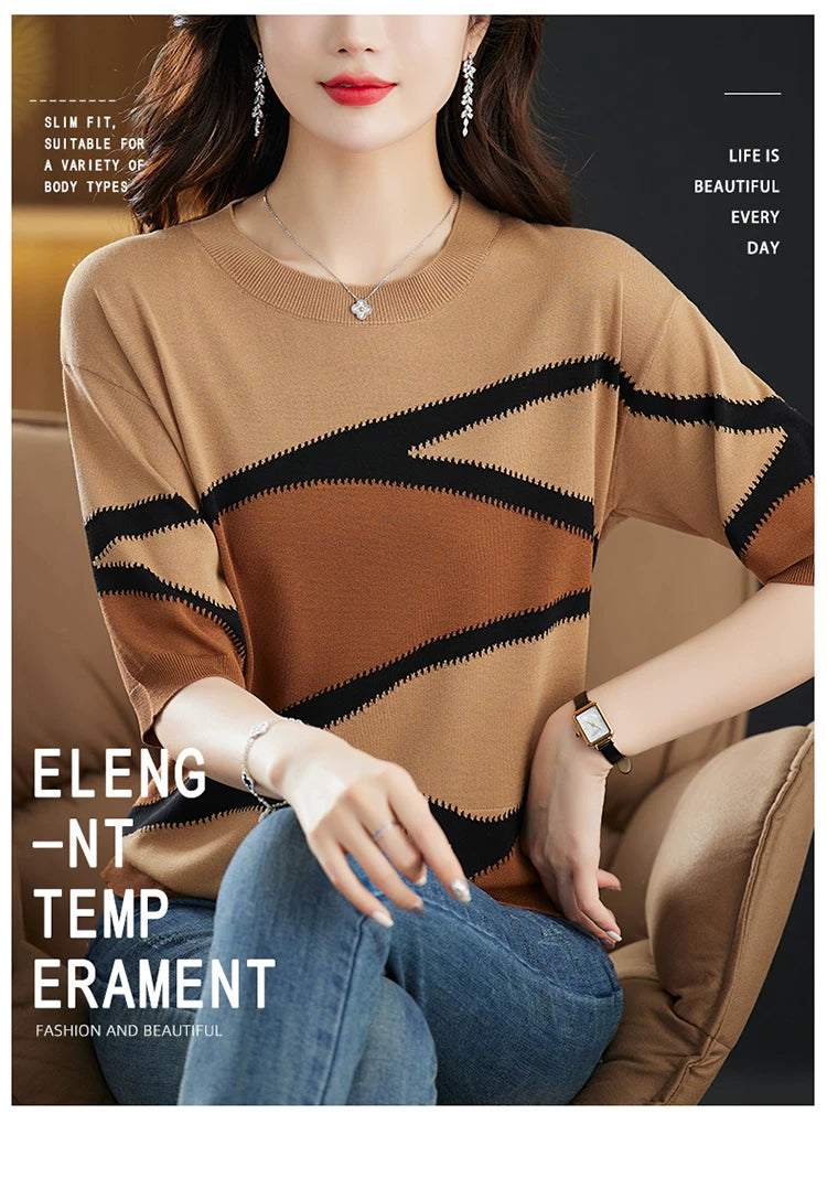 Relaxed Knit Top with Geometric Color-Block Design