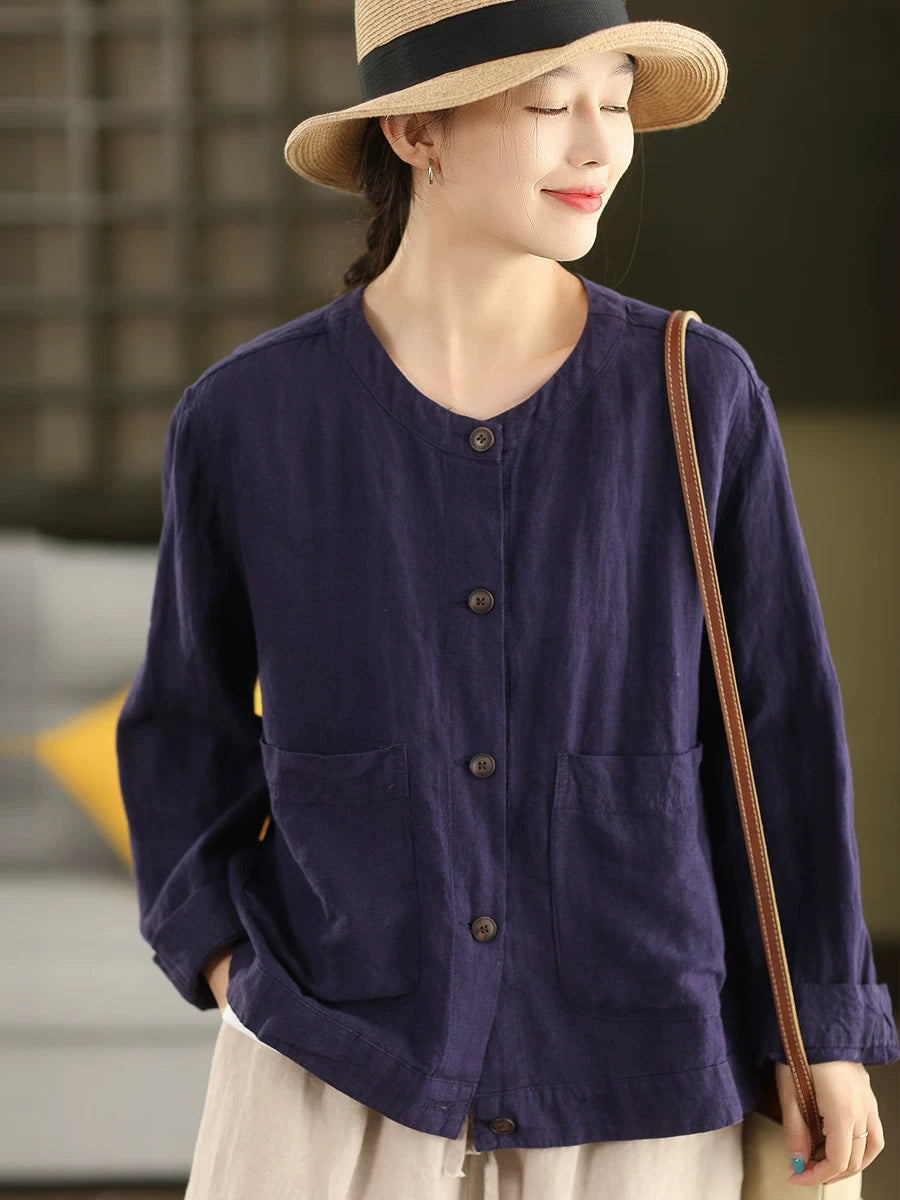 100% Linen Button-Front Top with Patch Pockets