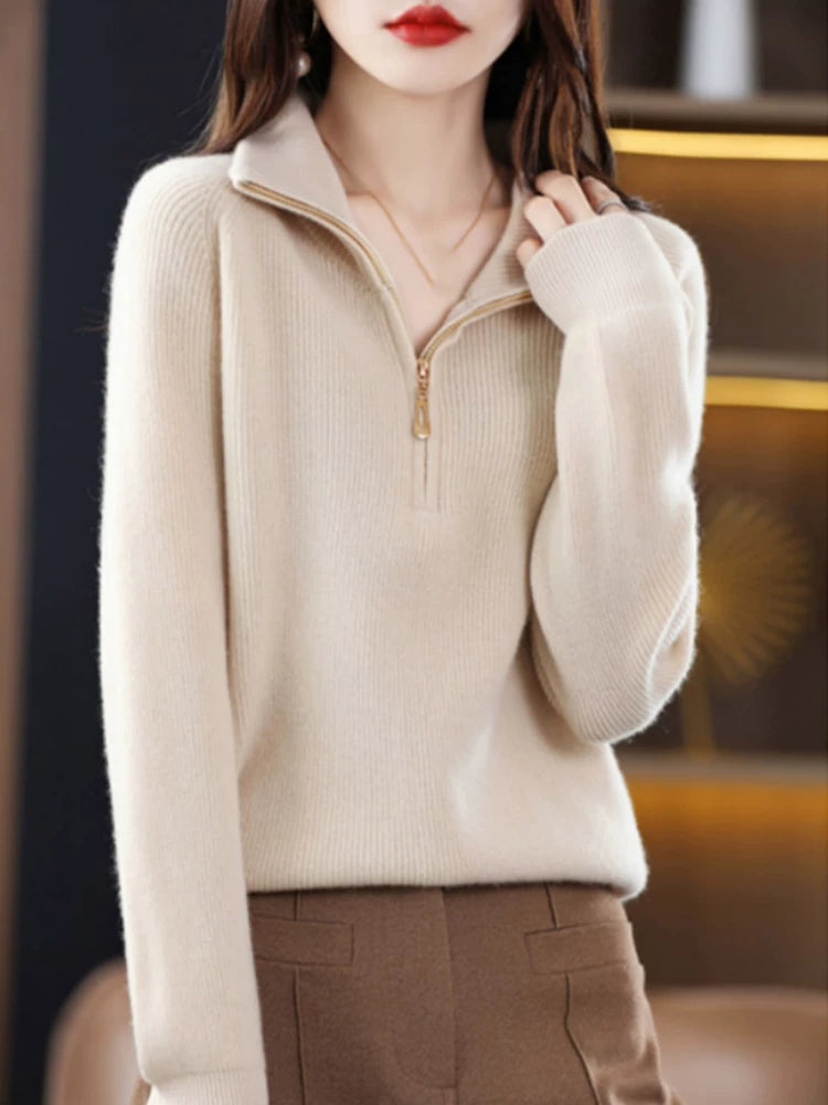 Relaxed Half-Zip Knit Top with Stand Collar