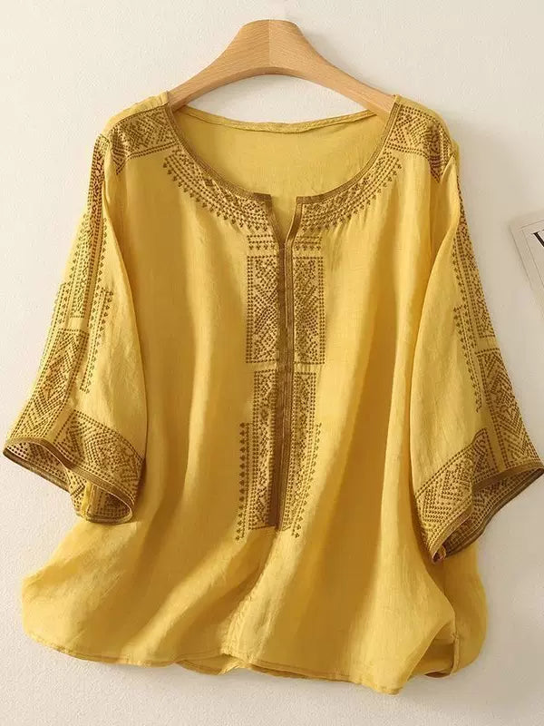 Embroidered Relaxed Top with Front Slit