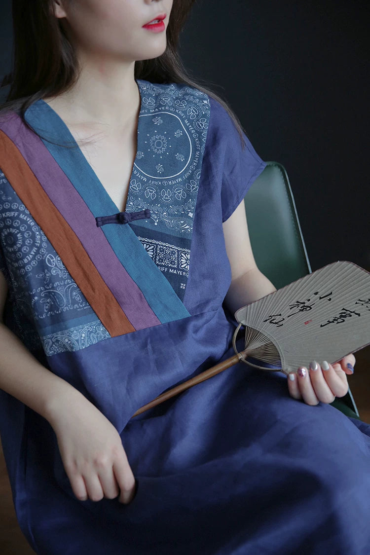 Relaxed Linen-Cotton Midi Dress with Frog Buttons