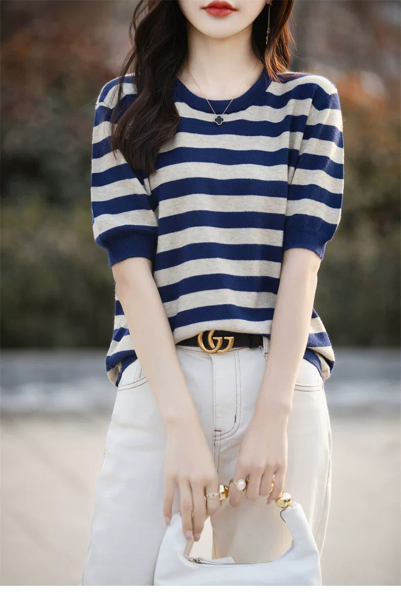 Striped Knit Top with Elbow-Length Sleeves
