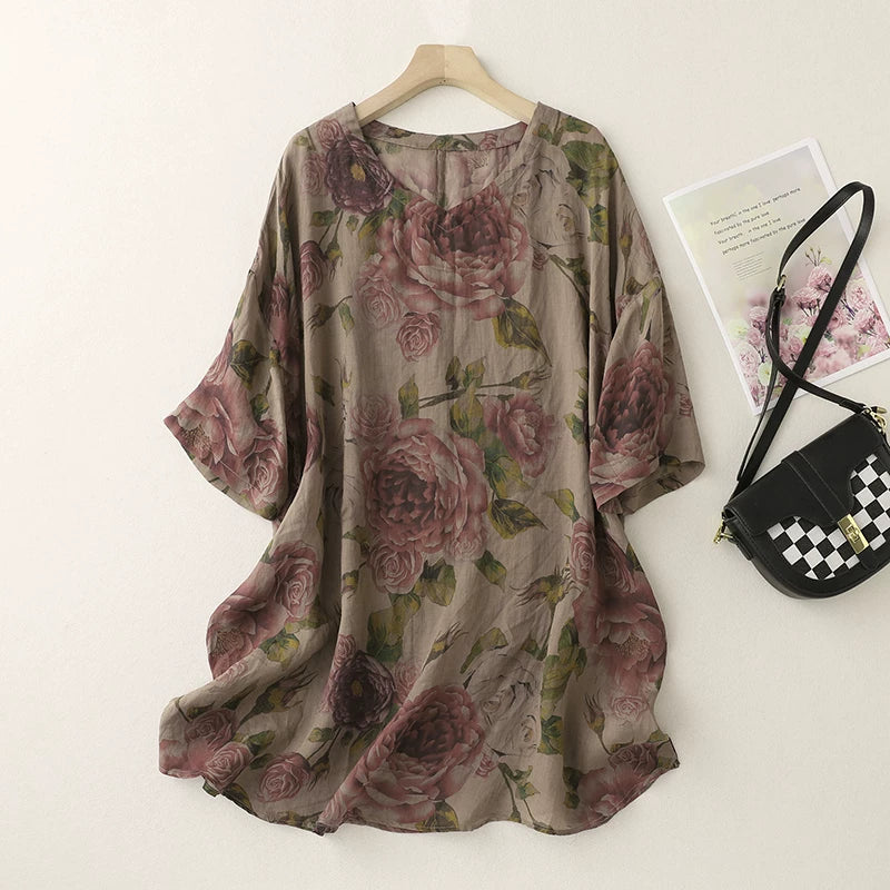 Floral Print Cotton Linen Half Sleeve Tunic