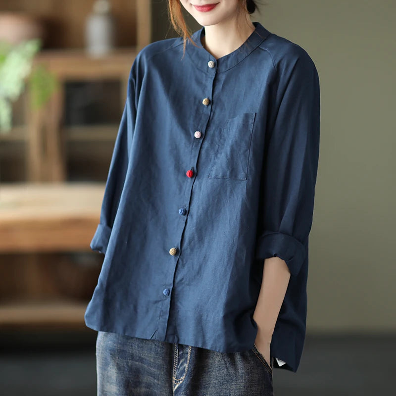 Cotton Linen Small Stand Collar Three Quarter Sleeve Shirt