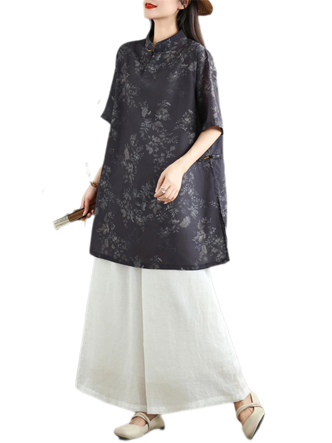 Vintage Print Linen Short Sleeve Shirt for Women - Summer Loose Fit with Slanted Lapel and Button Closure