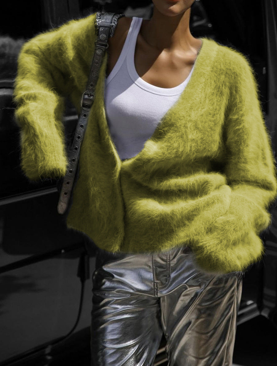 Acrylic Fuzzy Knit Cardigan, V-Neck Open Front, Relaxed Oversized