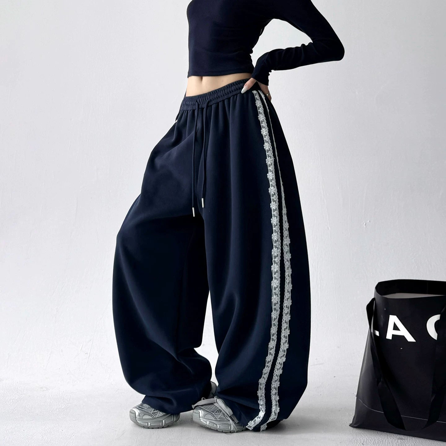 Korean-Style Lace-Trimmed Straight Leg Sweatpants