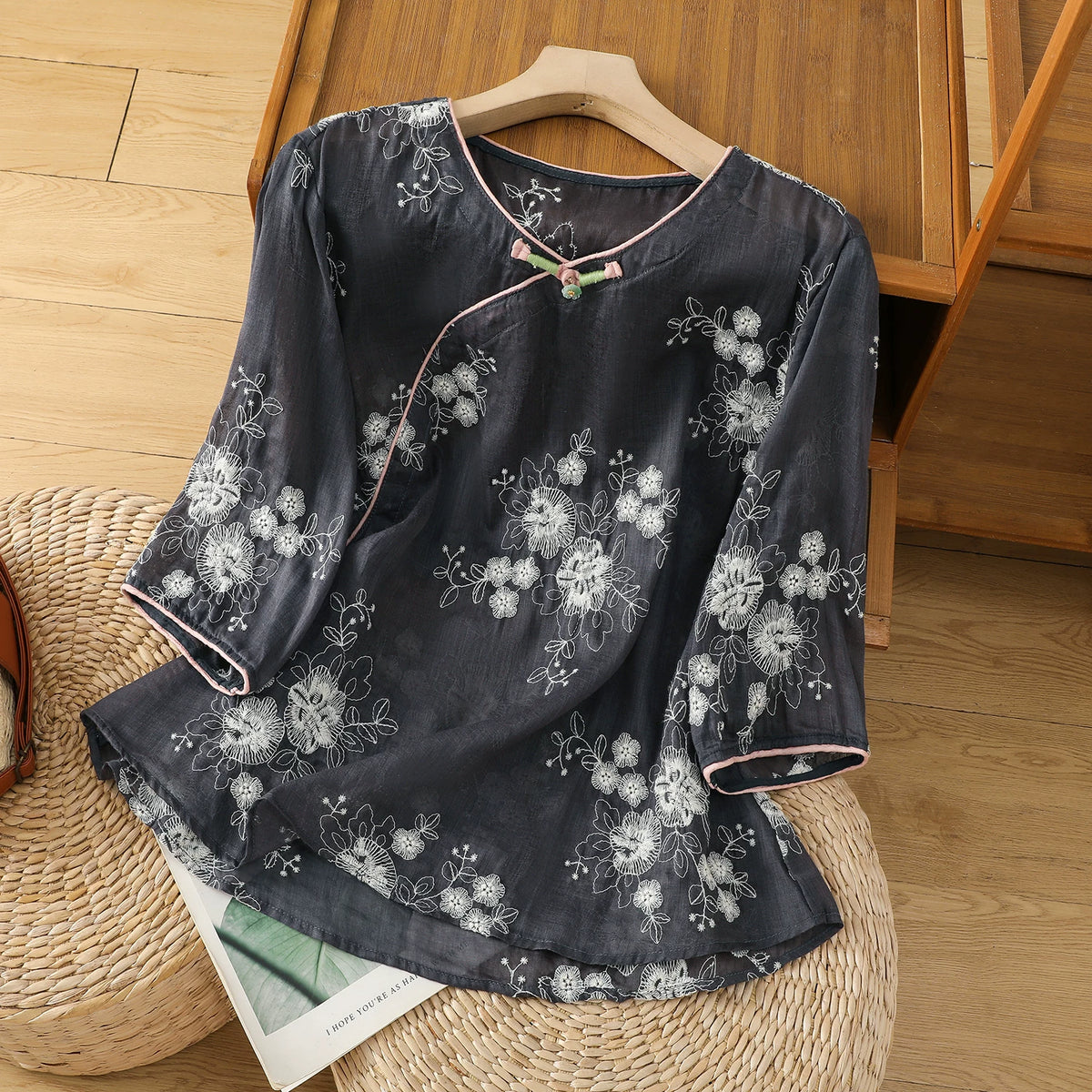 Embroidered Cotton Linen Three Quarter Sleeve Shirt