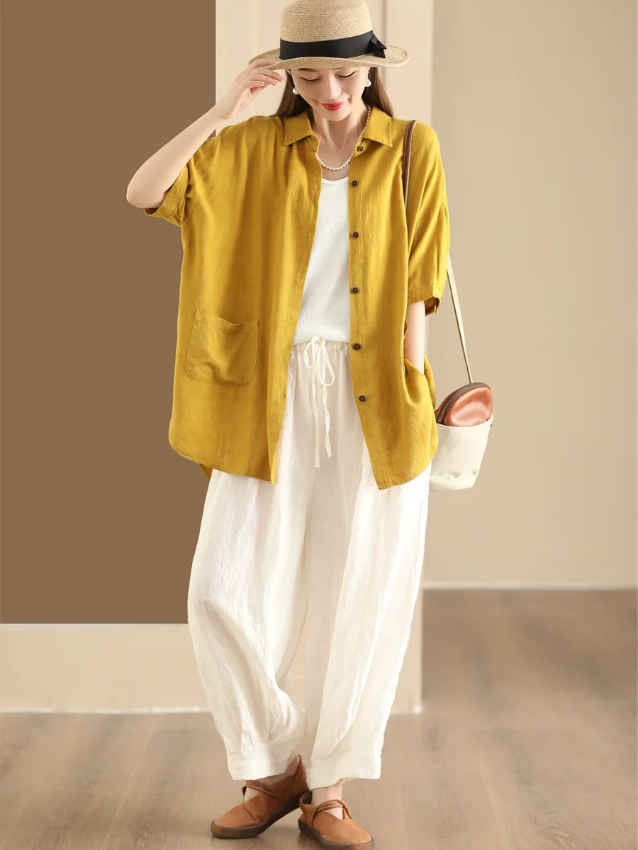 Linen-Look Shirt Collar Top with Patch Pockets