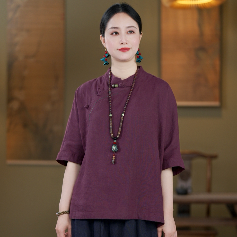 100% Linen Top with Mandarin Collar & Asymmetrical Front