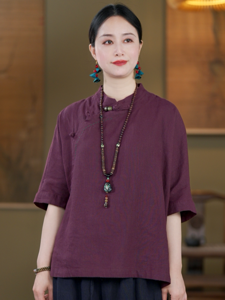 100% Linen Top with Mandarin Collar & Asymmetrical Front
