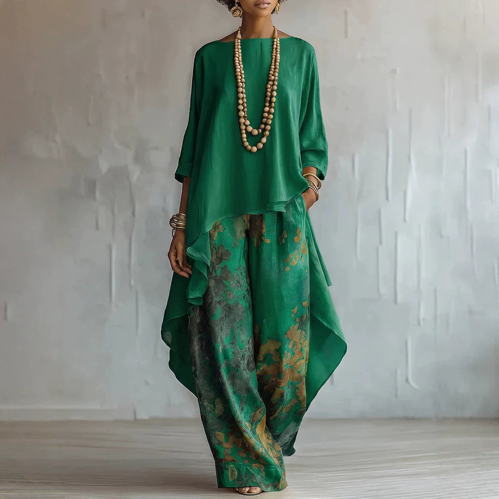 Relaxed Two-Piece Set with Asymmetrical Hem & Floral Pants
