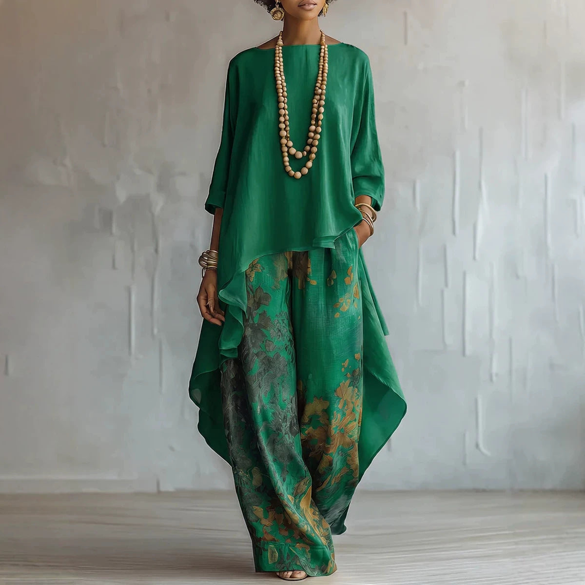 Relaxed Two-Piece Set with Asymmetrical Hem & Floral Pants