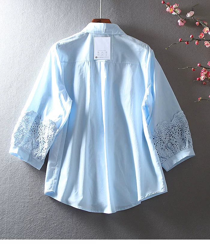 100% Cotton Blouse with Floral Embroidery & Lace Cuffs