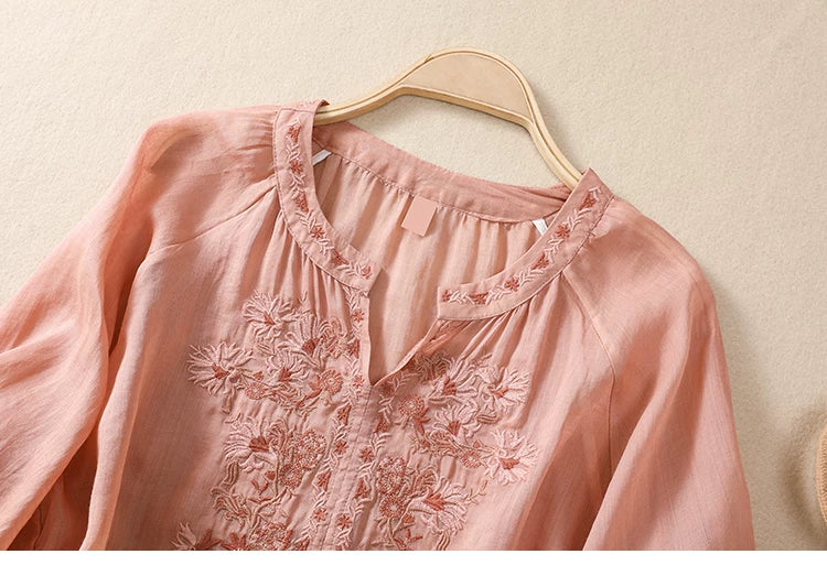 Embroidered Three Quarter Sleeve Blouse, Cotton Linen