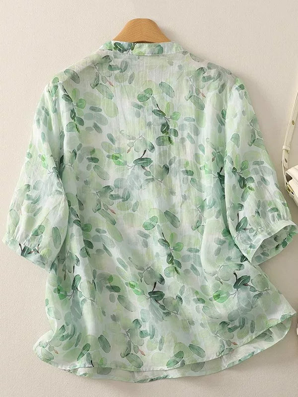 Floral Print Cotton Linen Three Quarter Sleeve Shirt